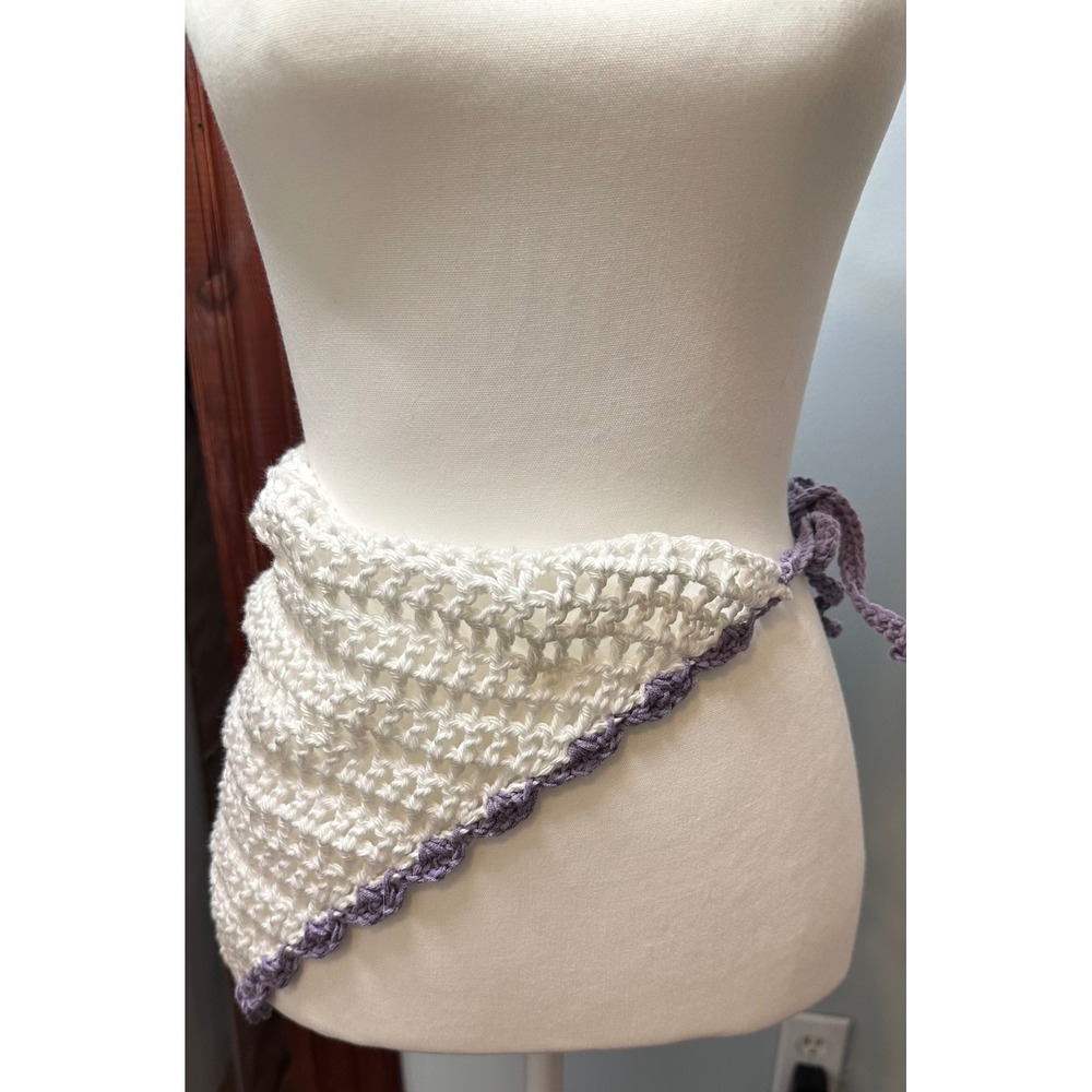 Handmade Crochet Bandana Scarf White Purple Scalloped Mesh Boho Hip Wrap Hair